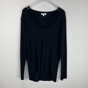 LNA Womens T-Shirt Sweater Size Small Black Long Sleeve V Strappy Stretch Hi Low